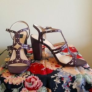WHBM Burgundy Plum Studded Leather Chunky Heel Size 6.5